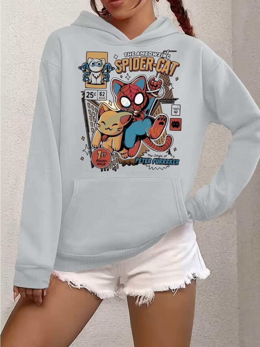 Kangaroo-Style Hooded Sweatshirt For Cold Weather, Printed Design: Spider Cat - Special New Arrival For Winter 2026. Comfortable And Practical. - Grey - View 1