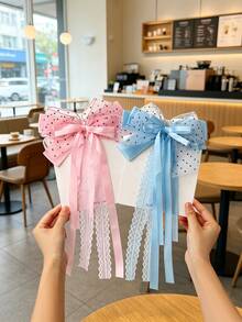 2pcs/1pc Women's Multi-Color Polka Dot Mesh Satin Large Bow Hair Clip With Exquisite Lace Long Ribbon Design Headpiece, Sweet Style Hair Accessory For Daily Wear, Dating, Wedding, Travel, Photography And More - Multicolor - View 2