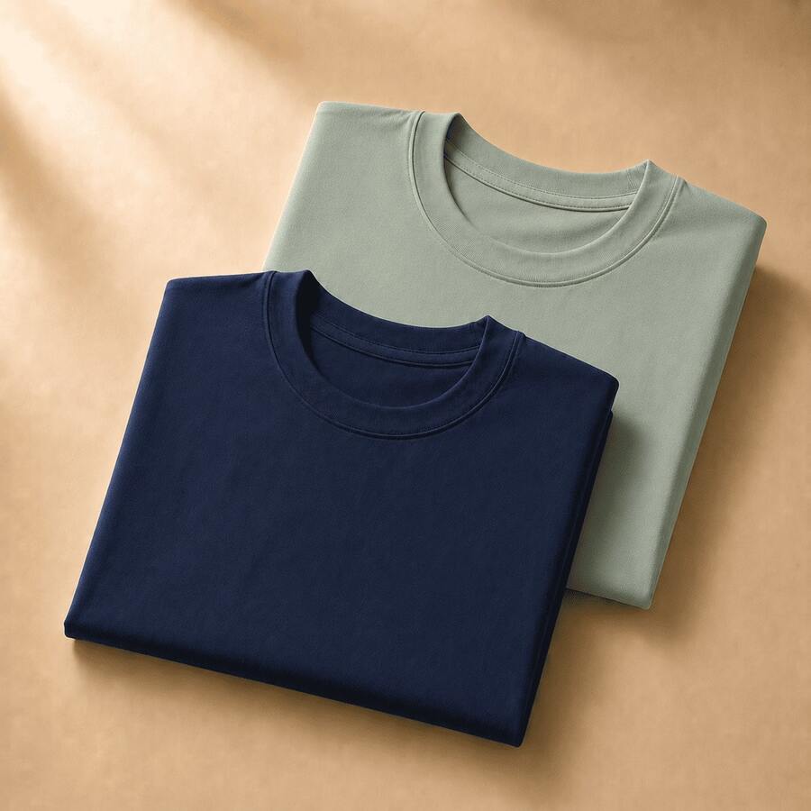 Set Of 2 Short-Sleeve Egyptian Cotton T-Shirts - Azul marino y verde azulado - Ver 1