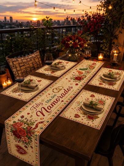 1 pièce Set de chemin de table et set de sets de table - Coucher de soleil romantique rose et imprimé rétro en forme de cœur avec bordure colorée, parfait pour la décoration de la maison, de la chambre, les accessoires de cuisine, le jardin, la vue du coucher de soleil de la ville. Parfait pour le dîner de la Saint-Valentin brésilienne, les rendez-vous, les anniversaires et les réceptions de mariage. Comprend 1 chemin de table + 4 sets de table, plusieurs tailles disponibles