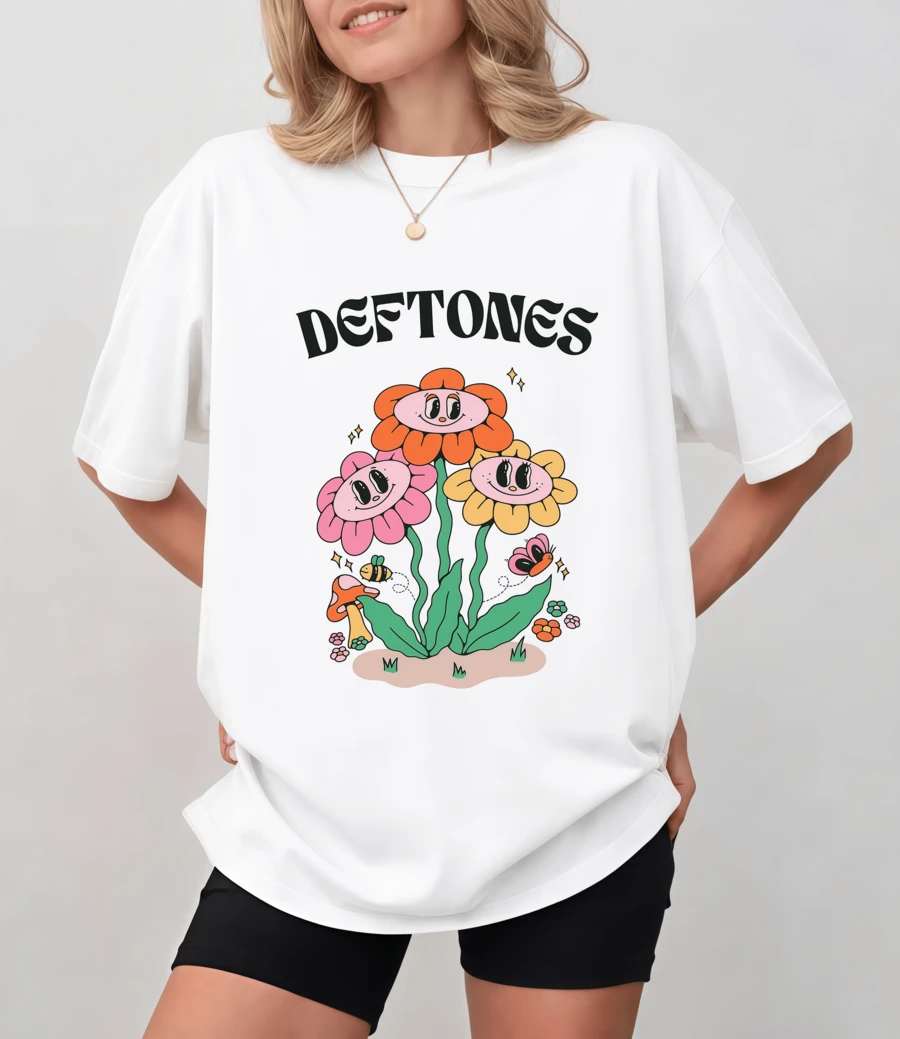 De-Ftoness Retro 70's Style T-Shirt With Floral And Bee Illustration, Unisex Relaxed Fit - White - View 1