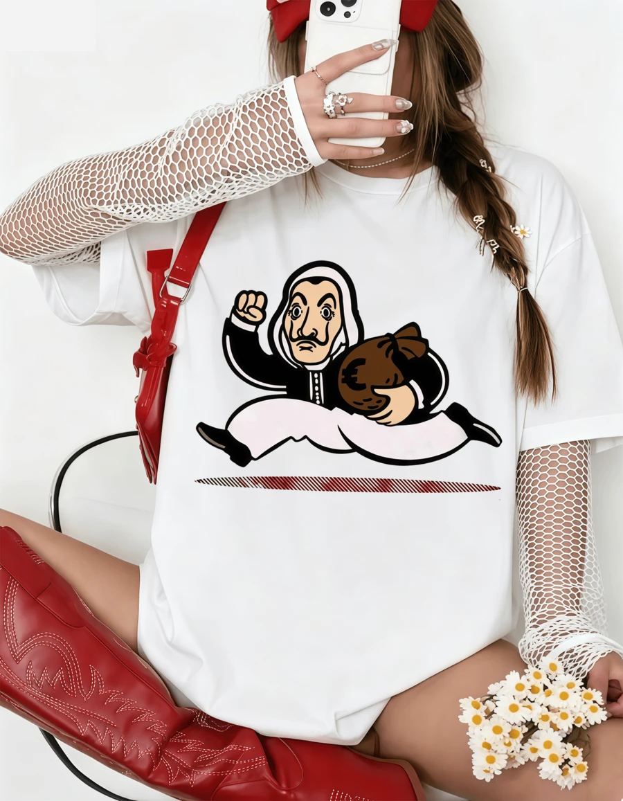 Unisex T-shirt Money Heist Tecknade Rånare Tryck - Rolig Fantröja Vit med Euromotiv - Vitt - Visa 1
