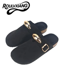roulvxiang Nuovi sandali piatti, ciabatte casual slip-on, adatti per casa, vacanza, attività in acqua, con strass e glitter, zeppa platform, sandali piatti slip-on da donna - nero - Visualizzare 3