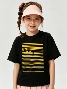 Soft, Loose-Fitting Short-Sleeved T-Shirt For Girls With A Yellow Striped Eye Print Pattern, Suitable For Spring And Summer. Black - Black - View 4