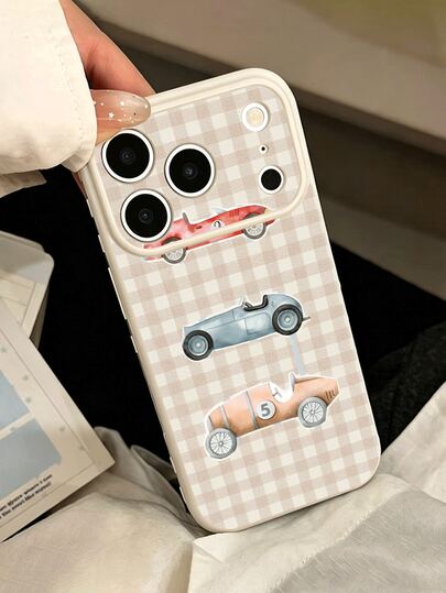 1pc Minimalist Plaid Background Vintage Car Pattern Cute Side Heart Shockproof Soft TPU Phone Case, Suitable As Birthday/Holiday Gift For Friends, Family, Couples, Fits 17/16/15/14/13/12/11/X/XR/XS MAX, Galaxy A56/55/A03S Series