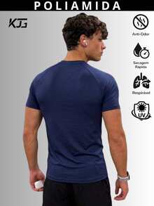 Thermal Polyamide T-Shirt Short Sleeve Anti-Odor UV50+ Protection Men's Raglan Fit Gym Training Running Second Skin - 藏蓝色 - 查看 2
