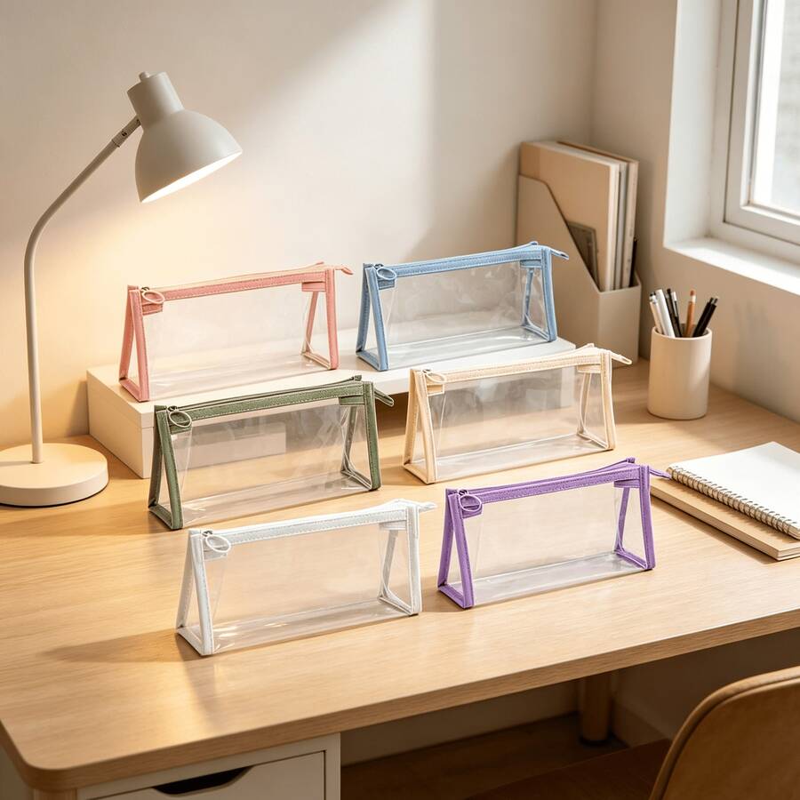 Transparent Pencil Case Set, Includes Colored Ballpoint Pen Set Or Glitter Gel Pen Set, Back To School, School Supplies, Pencil Pouch, Backpack, Stationery - Multicolor - View 1