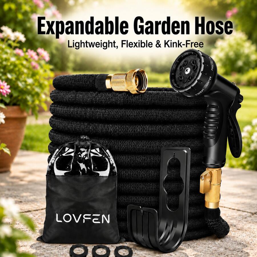 LOVFEN 100FT Stretchable Garden Hose, Lightweight Kink-Free Flexible Water Pipe With 10-Pattern Spray Nozzle, Leak-Proof, 3/4" Swivel Connectors, Super Durable Fabric, Portable Storage Strap – Ideal For Gardening, Patio, Yard, And Outdoor Watering - black - 查看 1