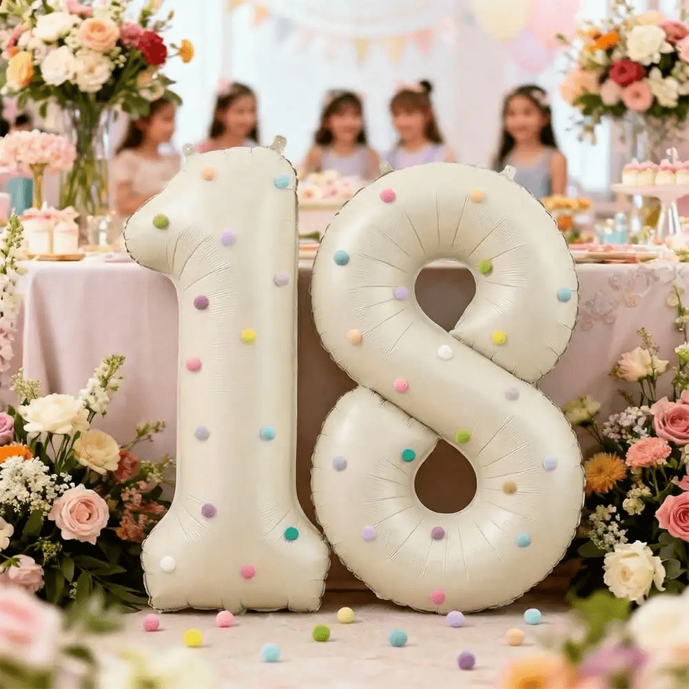 3pcs 32-Inch Cream Color Number Foil Balloons With Colorful Pom Poms, Suitable For Birthday Party Decor, Baby Shower, Christening, Wedding Anniversary Party (Self-Adhesive Pom Poms, Random Colors)