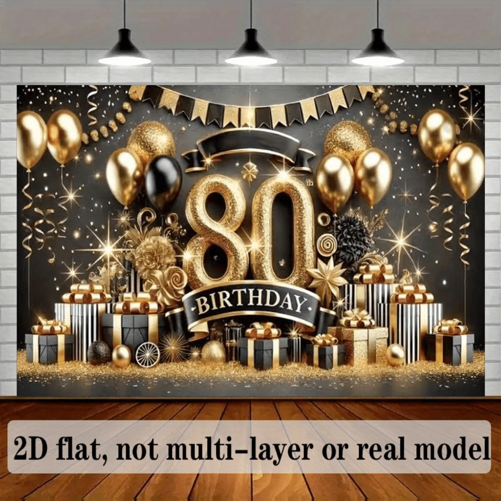 2D Flat Banner1 Elegant 80th Birthday Party Polyester Banner, Gold And Black Theme With Balloons, Stars, And Champagne Patterns, Perfect For Photo Backdrops, Outdoor Celebrations, Home And Yard Decor