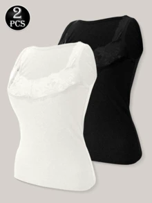 2pcs/Set Women's Ribbed Knit Camisole Tank Top, Lace Trim V-Neck Slim Fit, Casual Sleeveless Base Layer Tank - Multicolor - View 3