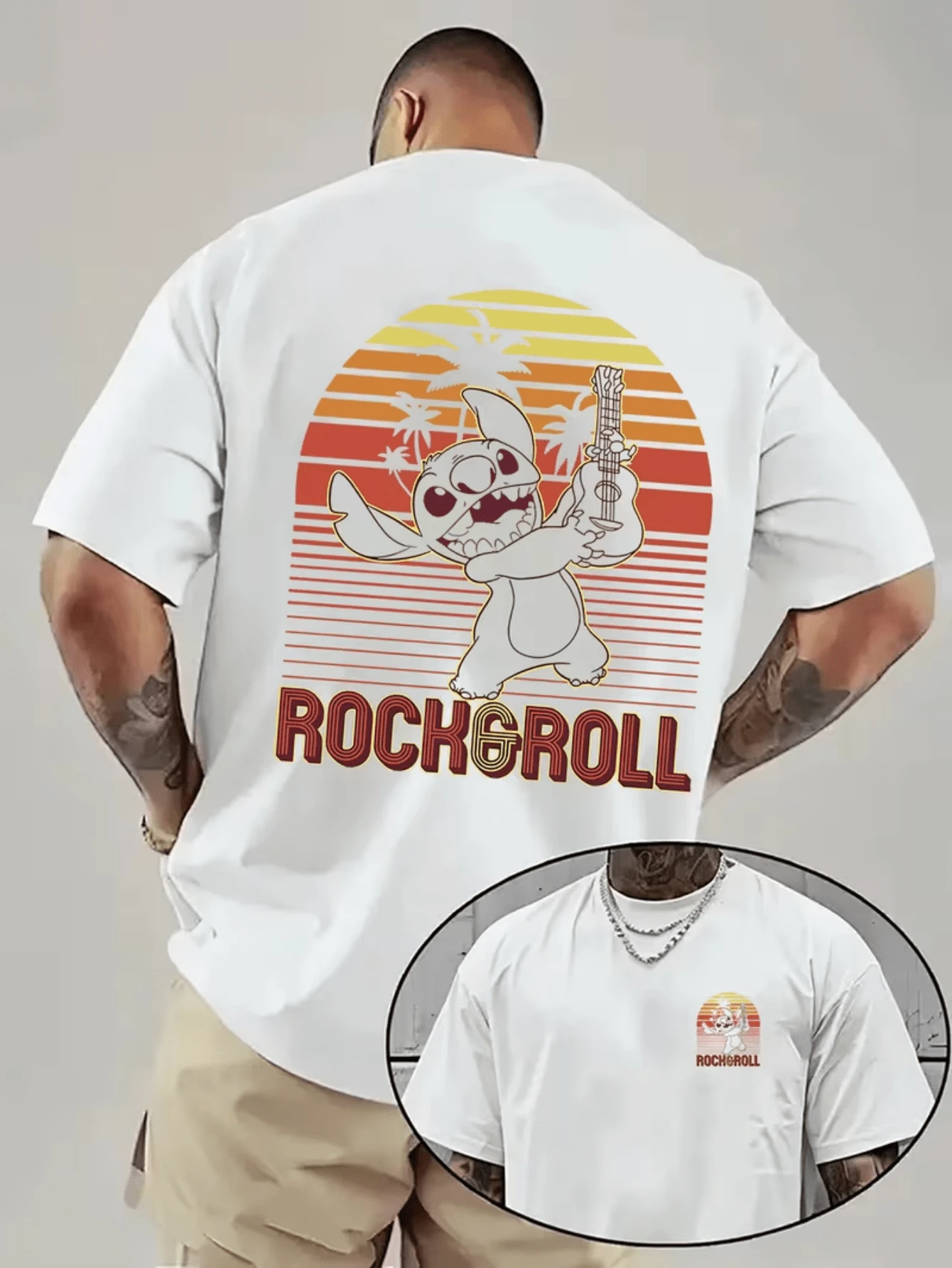 (Disney Licensed)Disney Lilo & Stitch Stitch "Rock & Roll" Retro Sunset Graphic T-Shirt, Men's 100% Cotton Crew Neck Short Sleeve Tee, Loose Oversized Casual Streetwear, Vintage Tropical Stitch Back & Chest Print T-Shirt For Men, Mens Clothes, Men, Ropa De Hombre, Summer Clothes, Men Shirts, Graphic Tees, Disney Outfits Men, Graphic Tees, Camisetas Para Hombre, Camisas Para Hombre, Summer Outfits For Men, Father's Day Gift, Perfect Gift For Family And Friends, Which Are Necessary For Birthday Parties, Disney Shirts, Mens Clothes, Summer Clothes, Officially Licensed Disney T-Shirts, Disney Men's And Women's Spring/Summer Fashion Casual Short-Sleeve T-Shirts - White - View 1