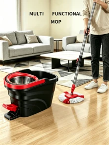 1 Set Spin Mop And Bucket With Foot Pedal Wringer, 360° Rotating Mop System With 4 Microfiber Mop Heads, 135cm Extended Handle Spinning Mop For Floor Cleaning, Red & Black Household Cleaning Supplies - 1個拖把桿+1個腳拖把桶子+4個拖把布 - 查看 5