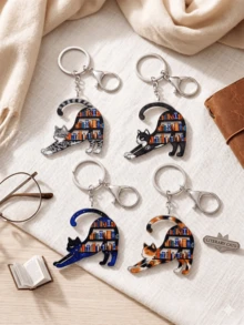 1pc Creative Cat Bookshelf Book Keychain, Acrylic Bookworm Kitten Bookcase Keyring, Back To School Teacher Appreciation Gifts - Cat - View 2