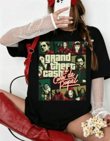 Unisex Money Heist X GTAA Style Print T-Shirt - Collaboration Shirt For Men And Women With Durable Design - Black - View 1