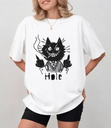 Hole Graphic T-Shirt In Punk Style, Featuring A Grumpy Cat And Logo, Unisex Relaxed Fit - White - View 11