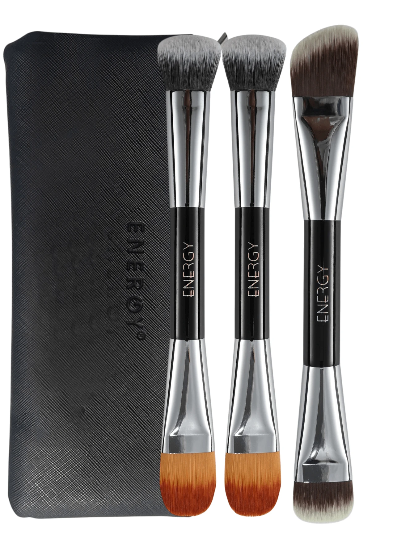 ENERGY Pincel de alta calidad de doble punta para base y contorno - Cabeza redondeada grande para la base, cabeza plana de precisión para un difuminado perfecto - Negro - Ver 1