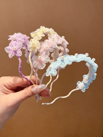 1件韩版女童花朵珍珠发箍，柔软网纱发圈，休闲可爱发饰