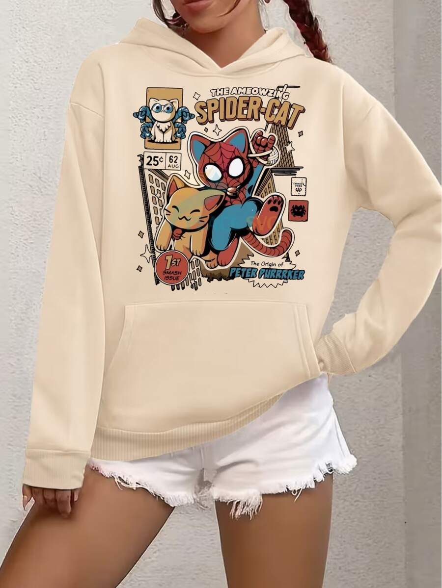 Kangaroo-Style Hooded Sweatshirt For Cold Weather, Printed Design: Spider Cat - Special New Arrival For Winter 2026. Comfortable And Practical. - Beige - View 1
