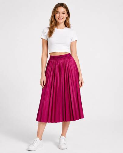  Falda midi plisada de talle alto de la colección Summer Style de adidas Originals, falda de corte A con cintura elástica de estilo retro preppy, color rojo rosa para mujer.