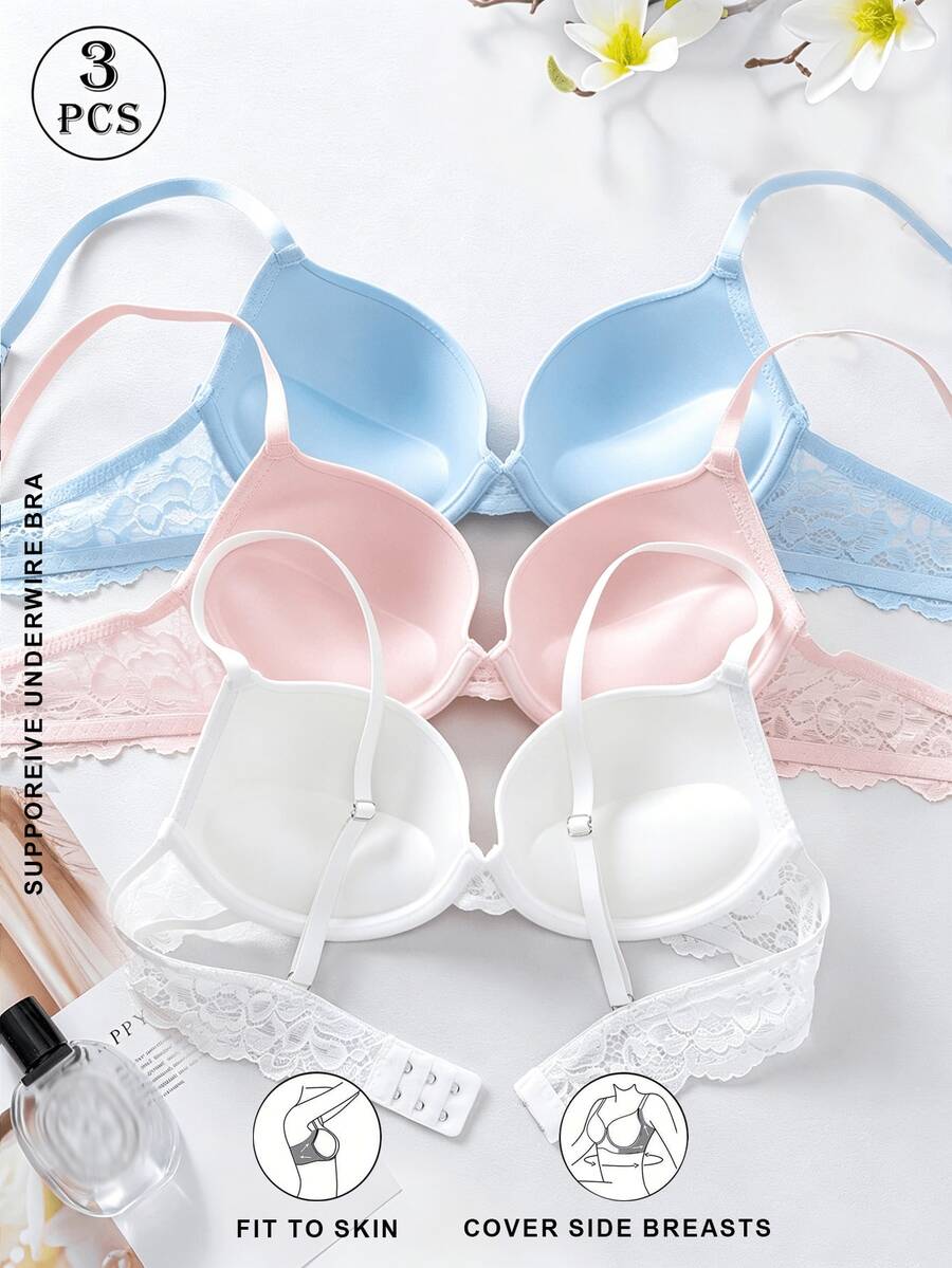 3pcs Set Padded Push-Up Bra Thin Padding Delicate Lace High Support Soft Breathable Seamless Bra - Multicolor - View 1