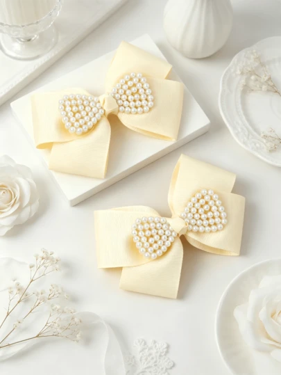 2 piezas Clips para el cabello con corazón de perla y lazo de satén vintage, Elegante clip lateral francés, Pasadores de flequillo versátiles para niñas