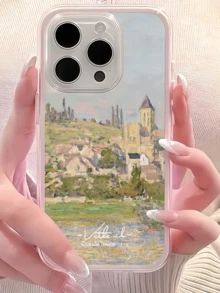 1pc Pink Painting Countryside Town Minimalist Personalized TPU Shockproof Full Coverage Phone Case Compatible With Apple 17, 16, 15, 14, 13, 12, 11 Pro Max, Air, Series - Multicolor - View 2