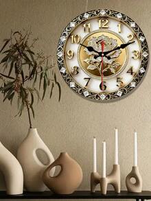 2D Flat. 1pc. European-Style Diamond-Encrusted Rose-Themed Wooden Wall Clock, Silent Decorative Clock, Creative Wall Clock, Suitable For Decoration In Bedrooms, Living Rooms, And Offices, 25/30cm (Excluding AA Batteries), 2D Flat - Multicolor - View 1