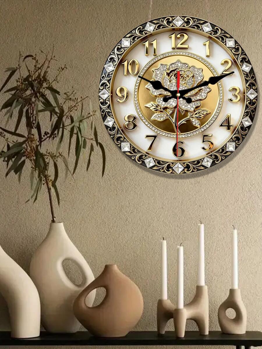 2D Flat. 1pc. European-Style Diamond-Encrusted Rose-Themed Wooden Wall Clock, Silent Decorative Clock, Creative Wall Clock, Suitable For Decoration In Bedrooms, Living Rooms, And Offices, 25/30cm (Excluding AA Batteries), 2D Flat - Multicolor - View 1
