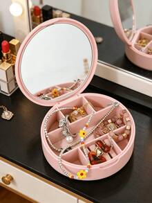Pink Round Metal Butterfly Decorated Jewelry Box With Mirror, Portable Jewelry Storage Box, Travel Jewelry Box, Multifunctional Jewelry Box For Women To Hold Lipstick, Necklace, Earrings, Suitable As A Thoughtful Gift For Girls, Couples, Sisters, For Vacation, Engagement, Back To School, Business Trip, Office, Mother's Day, Wedding Season, Anniversary, Birthday - Multicolor - View 6