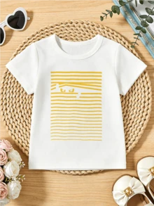 Camiseta de manga corta holgada y suave para niñas con patrón estampado de ojos en rayas amarillas adecuada para primavera y verano.White - Blanco - Ver 5