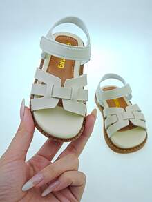 Kids Girls Beige Open Toe Sandals, Hollow Strap Design Hook-And-Loop Casual Shoes, Non-Slip Wear-Resistant Sole, Comfortable Padded Insole, Minimalist Retro Style, Perfect For Summer, School, Parties, Casual Daily Wear & Outdoor Activities, Lovely Kids Footwear For Toddlers & Little Girls - 米色 - 查看 7