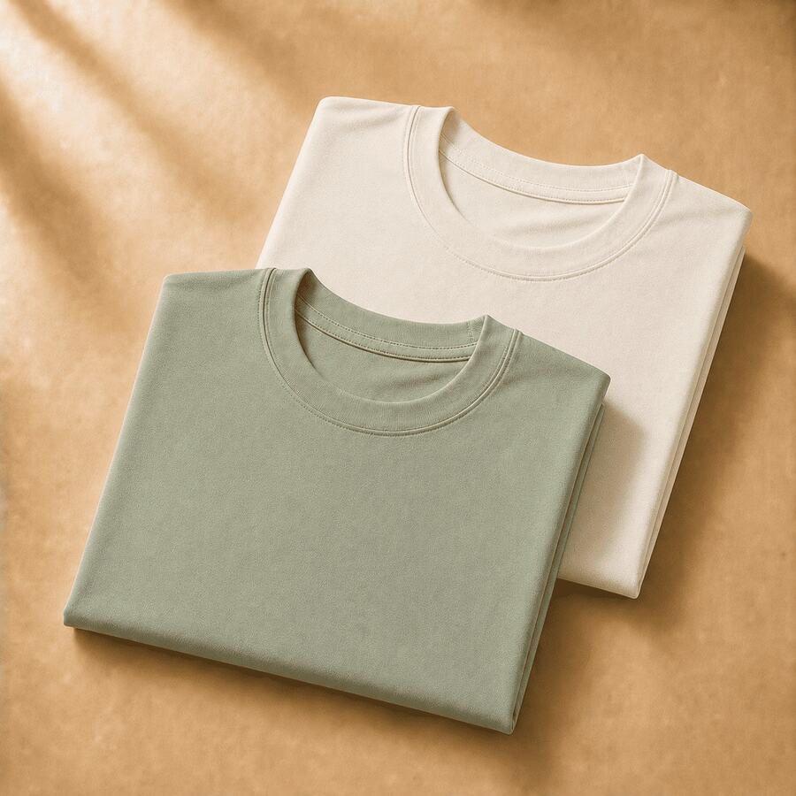 Set Of 2 Short-Sleeve Egyptian Cotton T-Shirts - 米白色和水綠色 - 查看 1