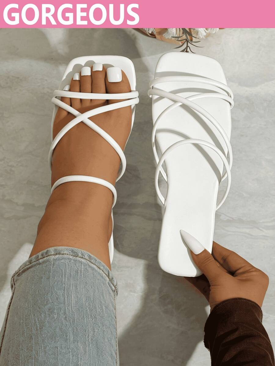 Plus Size Women's New Elegant White Flat Sandals, Strap Design, Casual Fashionable Comfortable, Suitable For Vacation, Travel, And Daily Commute - White - View 1