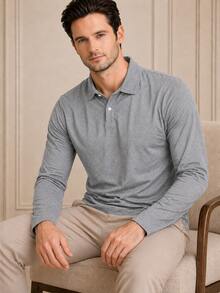 Men's Basic Plain Long-Sleeve Polo Shirt - Grey - View 3