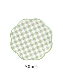 10件/20件/50件装鼠尾草绿格子派对用品，鼠尾草绿和白色扇形纸盘，花形7英寸蛋糕盘，9英寸餐盘，格子图案晚宴套装，适用于烧烤、婚礼、新娘送礼会餐桌装饰 - 綠色 - 查看 10