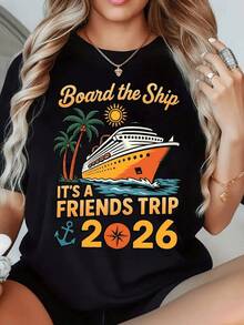 Cruise Ship Sailing Among Palm Trees With Bright Sunshine Symbolizing Friendship, Adventures, And Unforgettable Holidays For A Group Trip In 2026. Modern Casual Women's T-Shirt - 黑色 - 查看 8