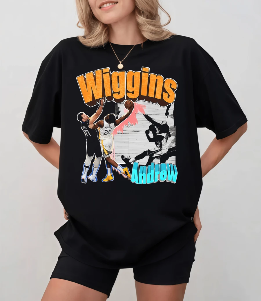 Black T-Shirt With Andrew Wiggins Warriors Collage And 3D Typography, Unisex Relaxed Fit - Black - View 1