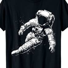 Astronaut Illustration Artwork Graphic Motif Astronaut T-Shirt | Same Style For Men And Women, 2025 Summer, Short-Sleeved, Printed, Pure 220G, Crew Neck, Slight Stretch, Regular Fit, Vintage Style, Drawing Pattern - Multicolor - View 1
