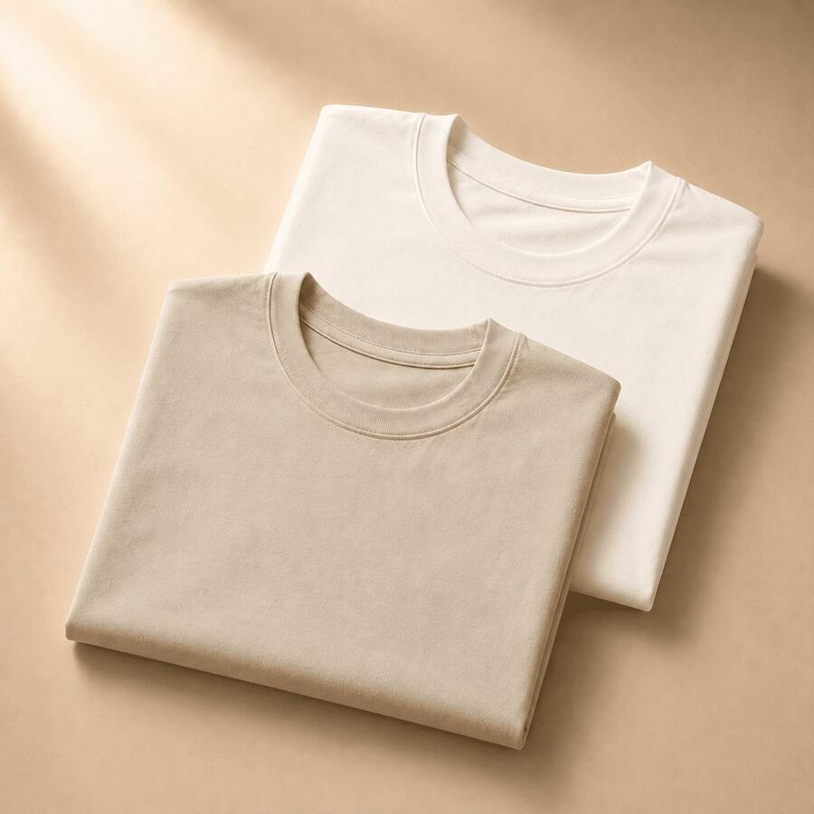 Set Of 2 Short-Sleeve Egyptian Cotton T-Shirts - 米色和灰白色 - 查看 1