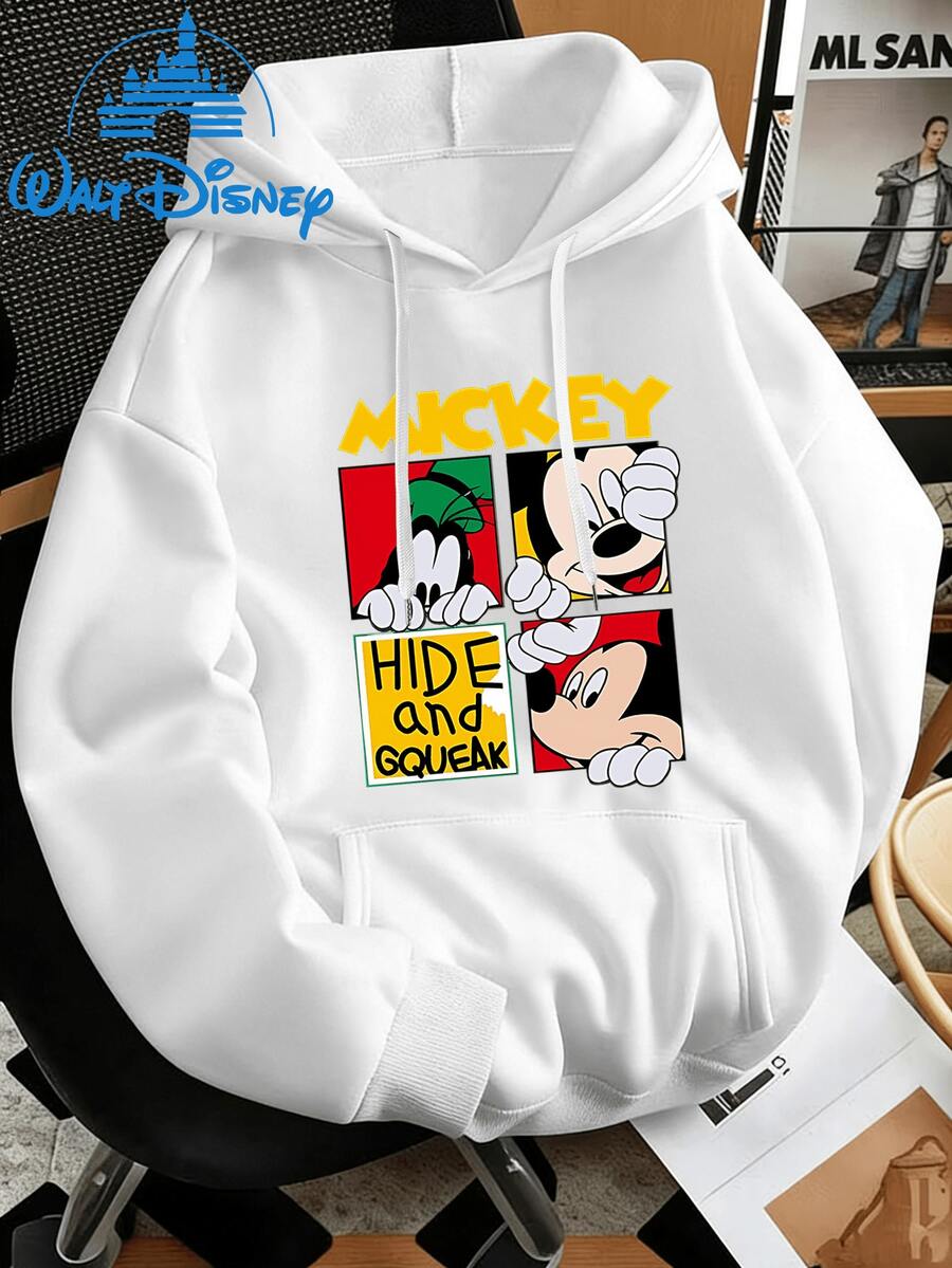DISNEY Mickey Mouse Hooded Hoodie Jacket For Men & Women - Mickey Ears & Iconic Print, Loose-Fit Streetwear Hoodie With Hood, Machine Washable Fall/Winter Outerwear Suitable For Casual Sports Outfits, Mickey High Fly - 白色 - 查看 1