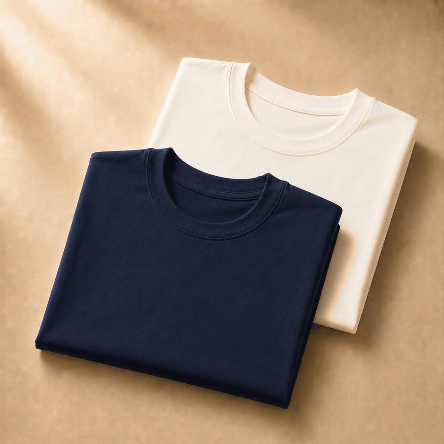 Set Of 2 Short-Sleeve Egyptian Cotton T-Shirts - 海軍藍和米白色 - 查看 1