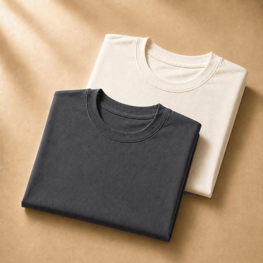 Set Of 2 Short-Sleeve Egyptian Cotton T-Shirts - 深灰色和米白色 - 查看 1