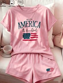 2 Pcs Merica The Beautiful EST.1776 USA Flag Print Two Piece Set, Women's Casual Short Sleeve T-Shirt & Shorts Loungewear, 4th Of July Patriotic Outfit,250th Anniversary Costume Set In The United States - 粉色 - 查看 2