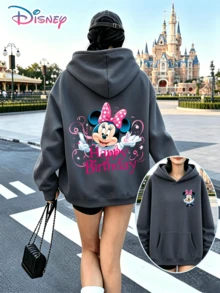 This Y2K Dark Grey Hoodie Features A Pink Polka Dot Print Of Minnie Mouse With A Bow, A Happy Birthday Design, And A Retro Floral Print. The Loose Fit Is Sweet And Youthful, Suitable For Everyday Wear, Commuting To School, And Disneyland. (Women's Autumn/Winter Clothing/Elegant Women's Outfits/Patterned Hoodies/Printed Tops/Casual Outfits For Women/Women Trending Now/Holiday Co-Ord/Plus Size Friendly) - Màu xám đen - Xem 1