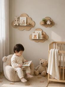 Cloud-Shaped Wooden Wall-Mounted Display Shelf - Baby Room Wall Storage Organizer, Suitable For Books, Suitable For Playroom - Space-Saving - Baby Room Storage - Display Stand - View 2