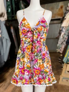 Women's Tropical Floral Cami Mini Dress - Tie Front V Neck Boho Beach Dresses Sexy Smocked Waist Cutout Ruffle Hem Sundress - Nhiều màu 4 - Xem 7