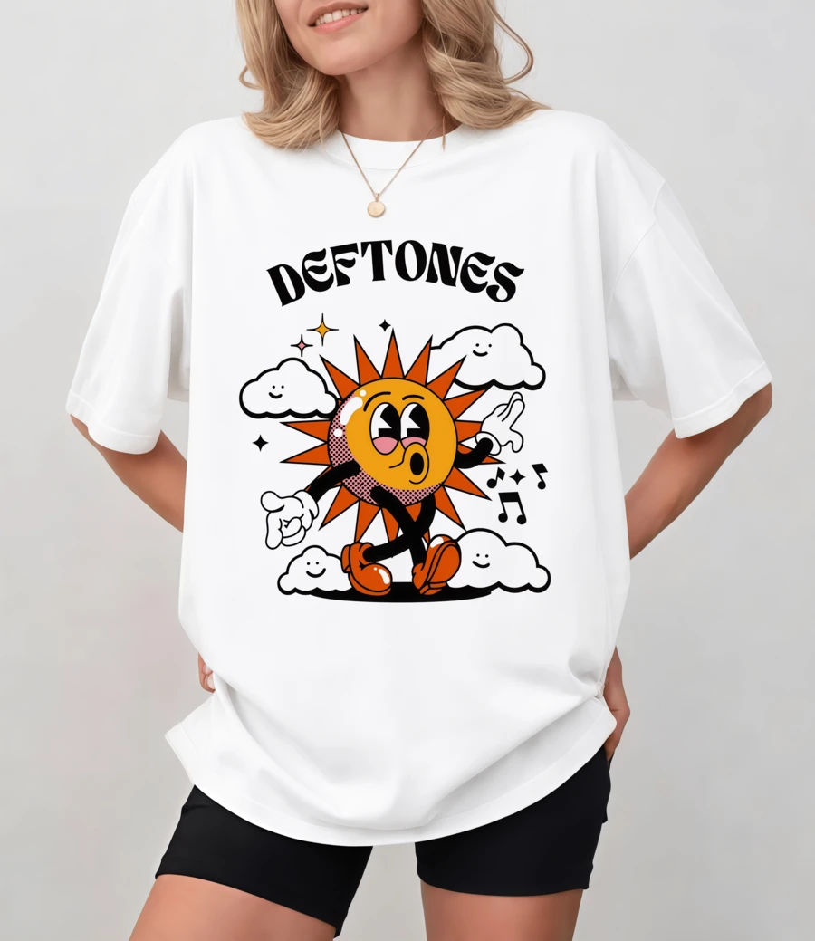 De-Ftoness Vintage Cartoon Dancing Sun T-Shirt With Musical Notes, Unisex Relaxed Fit - White - View 1
