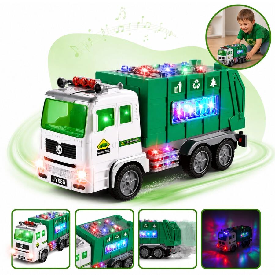 Caminhão De Lixo Brinquedo Caminhãozinho Infantil Carro Reciclagem Som Luz Bate e volta - Verde - Visão 1