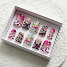 NailLuxe 10PCS Handmade 100% Reusable Acrylic Duckbill Press-On Nails | Pink Leopard & Zebra Print Rhinestone Design Fake Nails With 3D Cherry & Star Charms, Edgy & Sparkly Press On Nails For Y2K Style - Purple - View 3